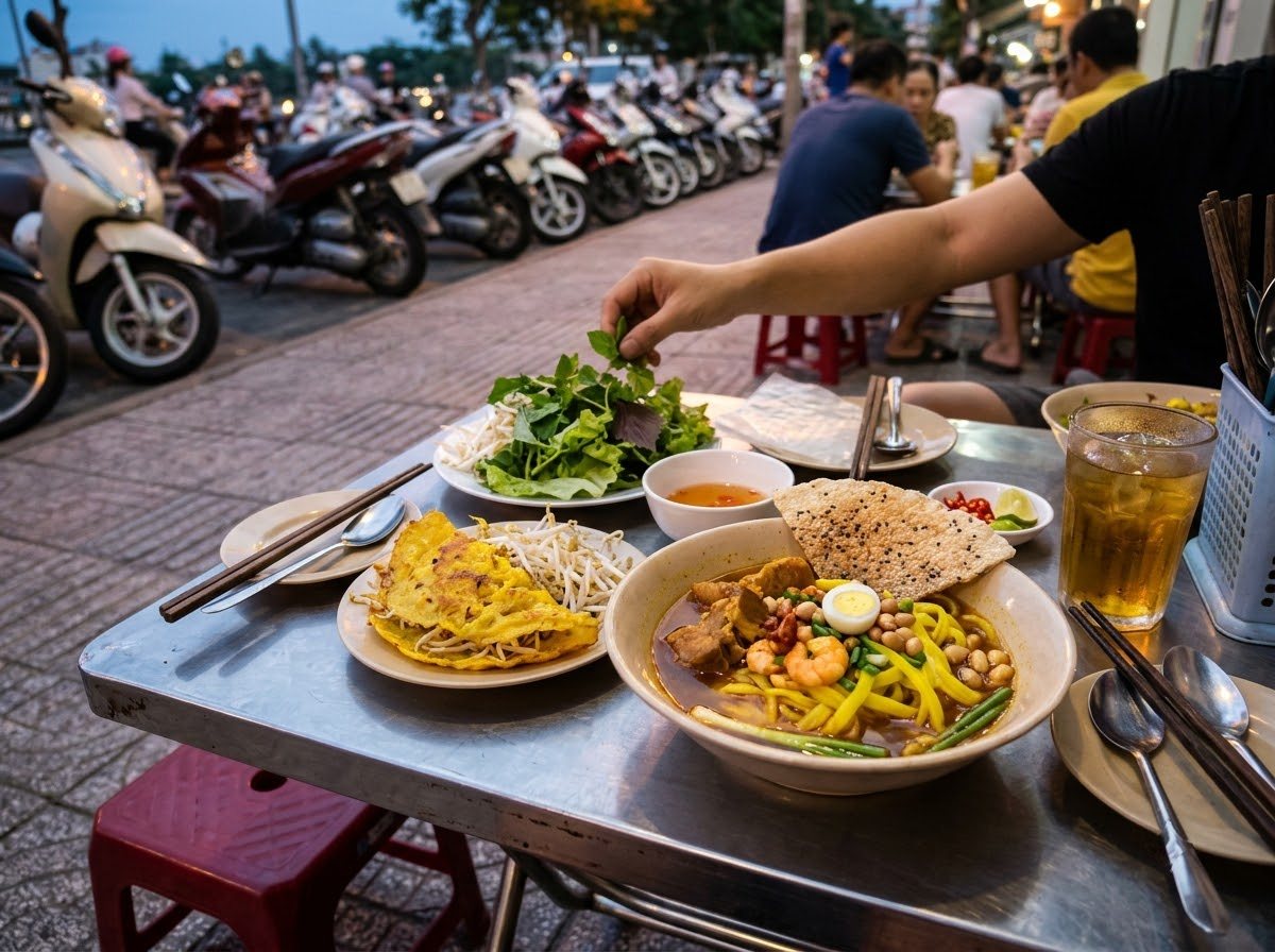 Bàn ăn đường phố Đà Nẵng lúc chập tối: tô mì Quảng rộng miệng với sợi mì gạo vàng nghệ, tôm, thịt heo, nửa quả trứng cút và bánh tráng mè bên trên, bánh xèo nhỏ giòn cạnh đĩa rau sống và bánh tráng, một ly trà đá, ghế nhựa đỏ thấp và xe máy đỗ mờ phía sau trên vỉa hè