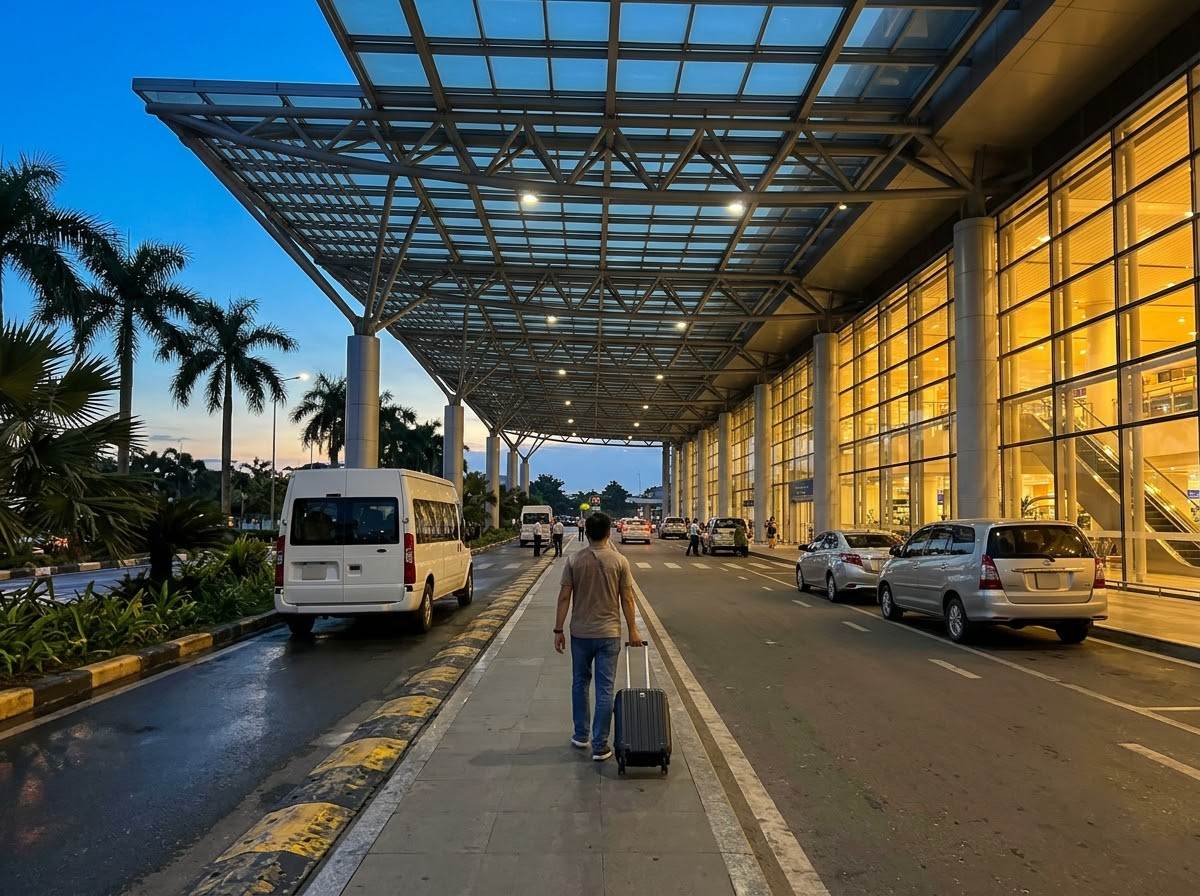 Arrivals curb at a Vietnamese airport terminal at dusk, with vans and cars waiting under the canopy
