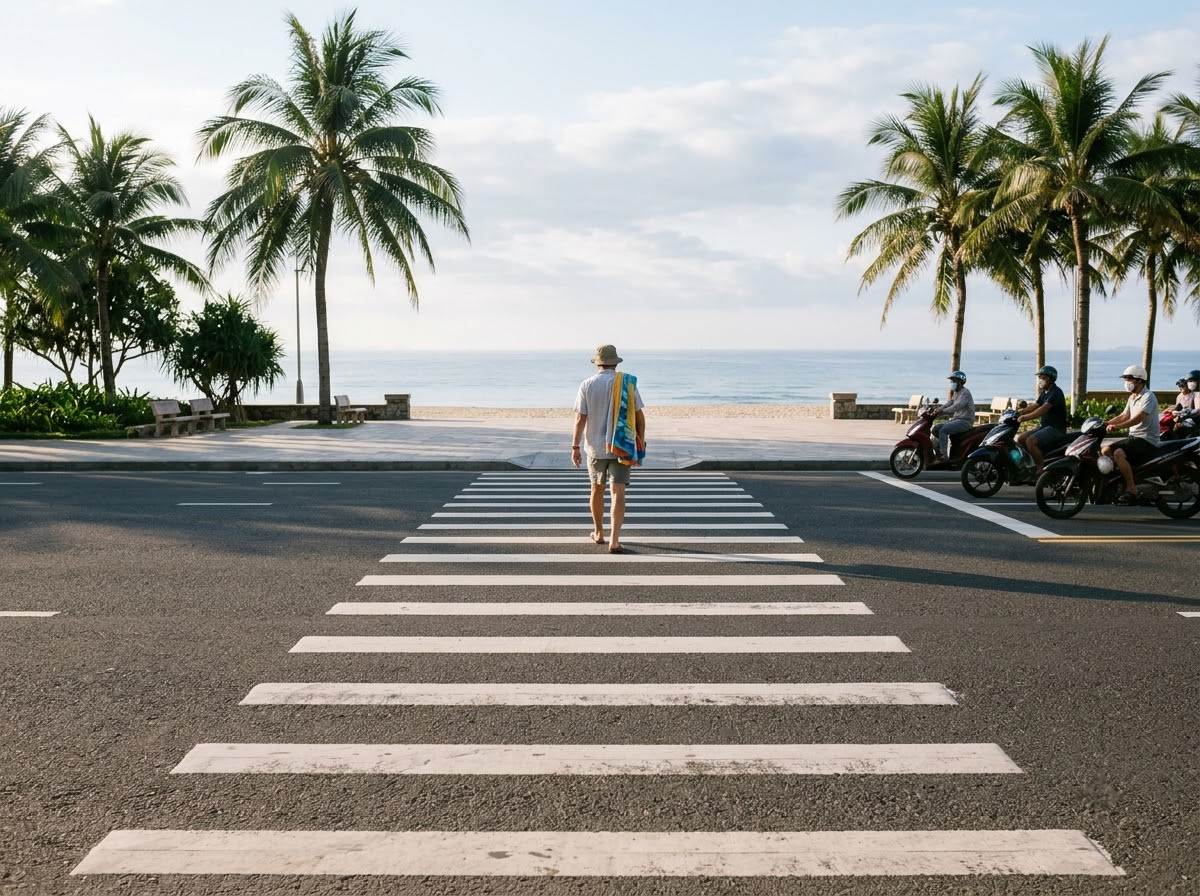Wide pedestrian crossing over a beach boulevard leading to a palm-lined seafront promenade in morning light