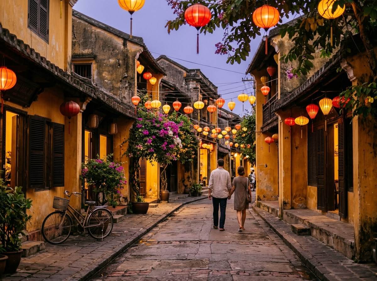Lantern-lit lane of old yellow shophouses in a historic Vietnamese town at dusk
