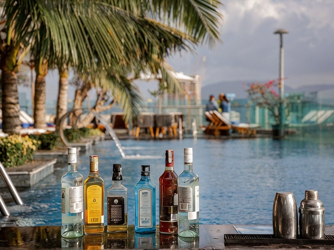 Bar counter with bottles at the edge of a rooftop pool, palms and a hazy headland behind